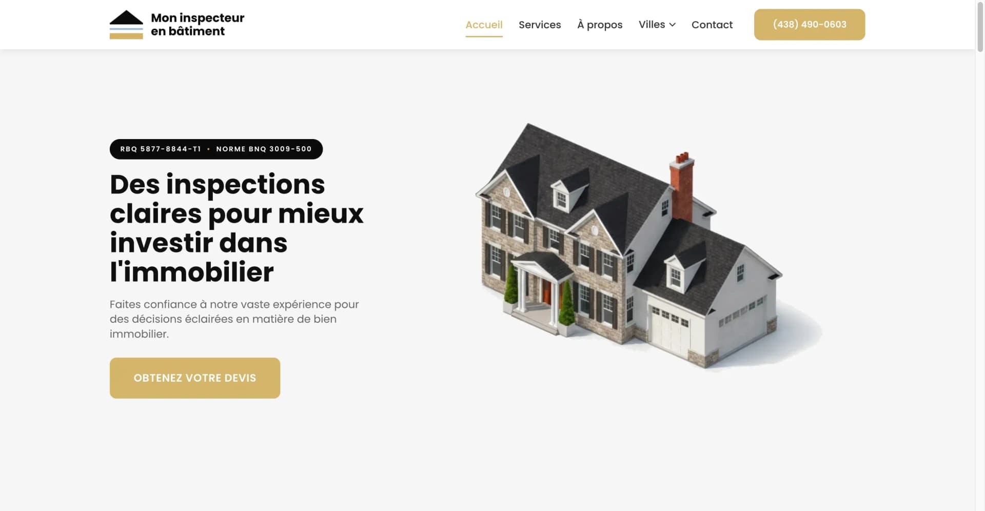 Design site web pour Mon inspecteur en bâtiment — service d'inspection certifié BNQ 3009-500 dans les Basses-Laurentides